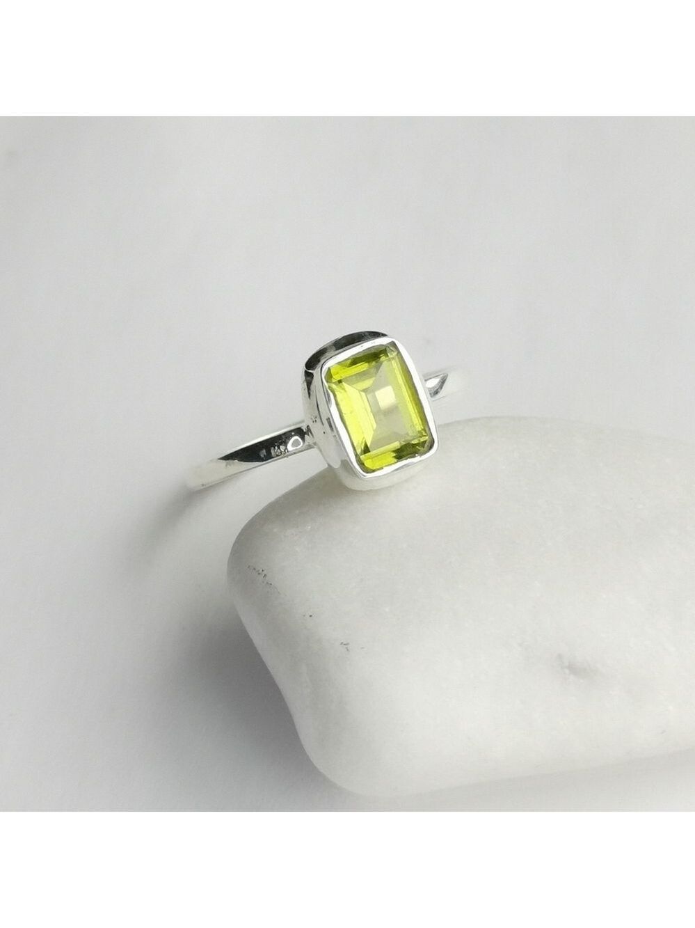 Peridot Gemstone Ring Emerald Cut Sterling Silver Size 6